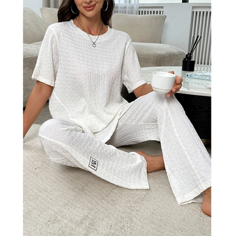 Damen Casual Loungewear Crinkle Textur Rundhals Kurzarm Top Und Weite Hose Home Wear Schlafanzug Für Damen