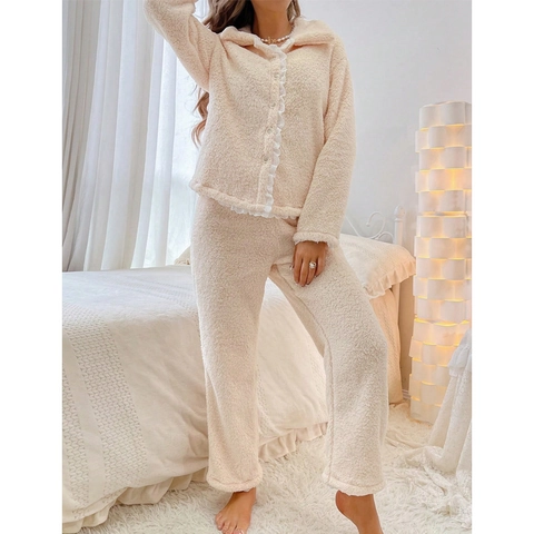 Women Thickened Warm Plush Loungewear Set Sweet Lace Trim Fleece Pajamas Long Sleeve Button Down Top And Pants Set