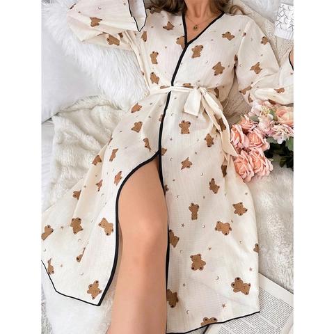 Women Cute Bear Star Moon Print Long Sleeve Robe Cream White Cotton Blend V Neck Nightrobe With Belt And Black Piping