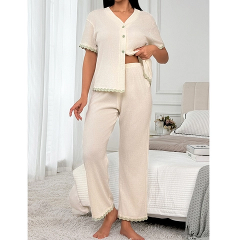 Women Casual Pajama Set Scalloped Trim Short Sleeve Button Up Top And Long Pants Crepe Fabric Home Wear Sleepwear