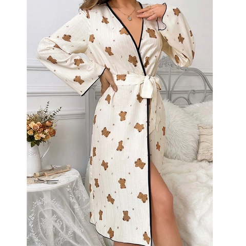 Women Cute Bear Star Moon Print Long Sleeve Robe Cream White Cotton Blend V Neck Nightrobe With Belt And Black Piping