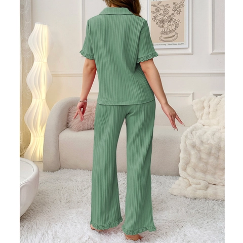 Damen Ripp-Schlafanzug Kurzarm Revers Knopfleiste Top Und Lange Hose Mit Spitzenbesatz Bequeme Homewear