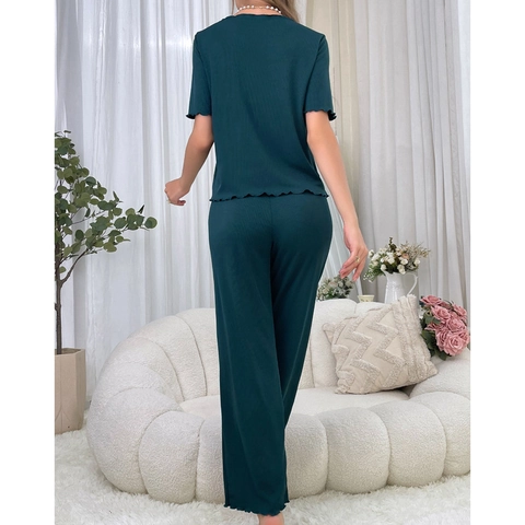 Damen Casual Rippen Schlafanzug Kurzarm Knopfleiste Top Und Lange Hose Wellensaum Loungewear Süß Elegant Nachtwäsche