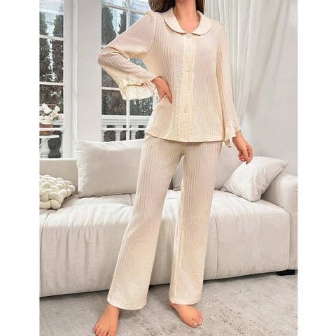Damen Casual Schlafanzug Oberteil Und Hose Langarm Knopf Loungewear Mit Rüschenmanschetten Beige Nachtwäsche Textur