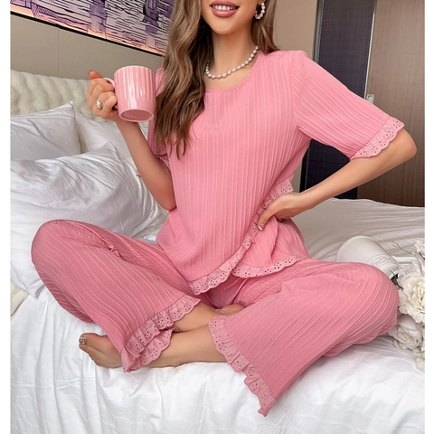 Damen Ribbed Loungewear Kurzarm Oberteil Und Lange Hose Schlafanzug Mit Lochspitze Süß Lässig Rippenstrick Nachtwäsche