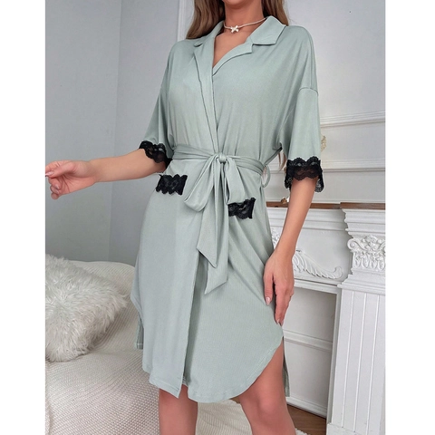 Bata de Punto de Canalé Verde Salvia para Mujer Con Ribete de Encaje Solapa Cuello en V Vestido de Descanso Camisón Suave