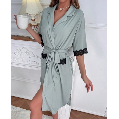 Bata de Punto de Canalé Verde Salvia para Mujer Con Ribete de Encaje Solapa Cuello en V Vestido de Descanso Camisón Suave