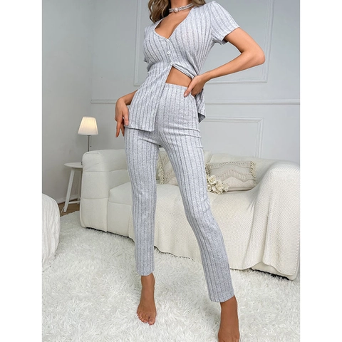 Damen Casual V-Ausschnitt Kurzarm Einreihig Gerippter Strick Schlafanzug Hausanzug Heather Grau Top Und Hose