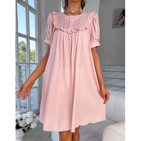 Damen Rundhalsausschnitt Kurzarm Rüschen Nachthemd Süßes Rosa Baumwollmischung Lockere Loungewear Mittellanges Schlafkleid