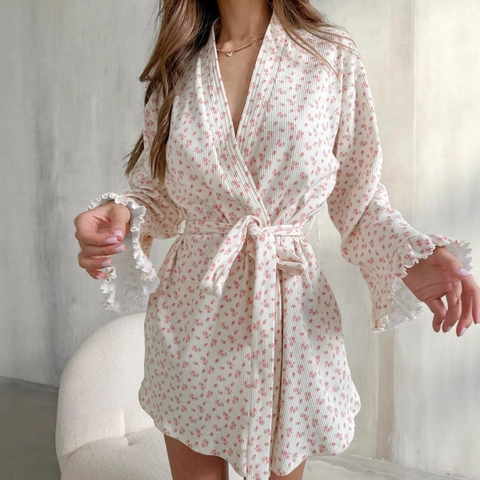Women's Floral Long Sleeve Knit Ribbed Robe V-Neck Ruffle Cuff Tie Waist Sleepwear Casual Lounge Wear Dressing Gown