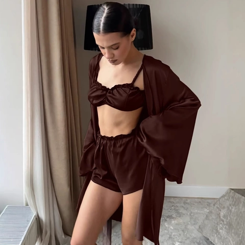 Women Satin Loungewear Three-Piece Set Robe Ruffle Cami Bra Shorts Solid Color Silky Nightwear Pajamas Soft Sleepwear