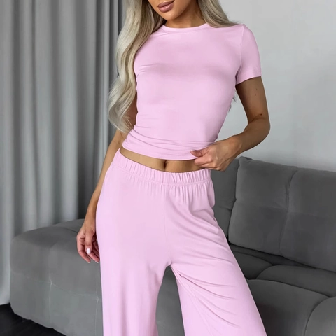 Conjunto de Pijama Casual para Mujer Crop Top de Manga Corta y Pantalones Largos de Cintura Alta y Pata Ancha Color Sólido