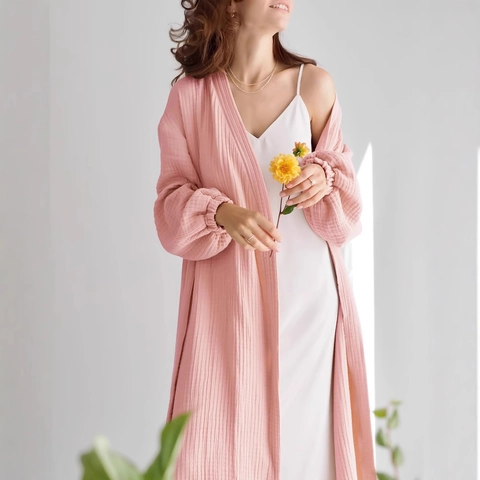 Women Pure Cotton Double Layer Gauze Robe Long Sleeve Soft Breathable Bathrobe Tie Waist Kimono Style Lounge Sleepwear