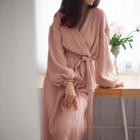 Women Pure Cotton Double Layer Gauze Robe Long Sleeve Soft Breathable Bathrobe Tie Waist Kimono Style Lounge Sleepwear