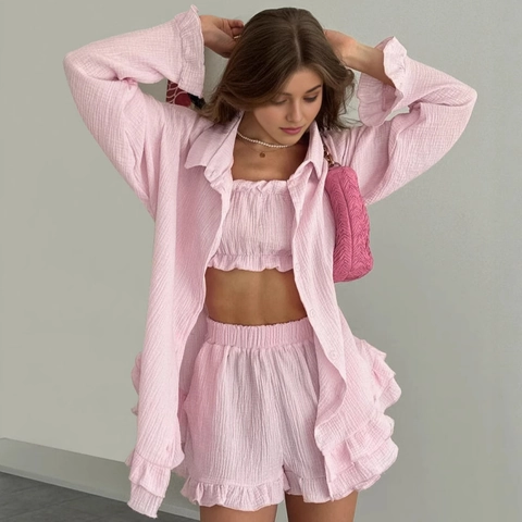 Dames 3-delige Pyjamaset 100% Katoen Lange Mouw Shirt Top Shorts Wafelstructuur Loungewear-set Ruffle Home Wear Casual Pak
