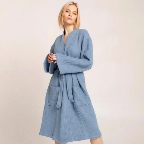 Women Casual Muslin Cotton Robe Long Sleeve V Neck Kimono Bathrobe Belted Sleepwear With Pockets Soft Loungewear