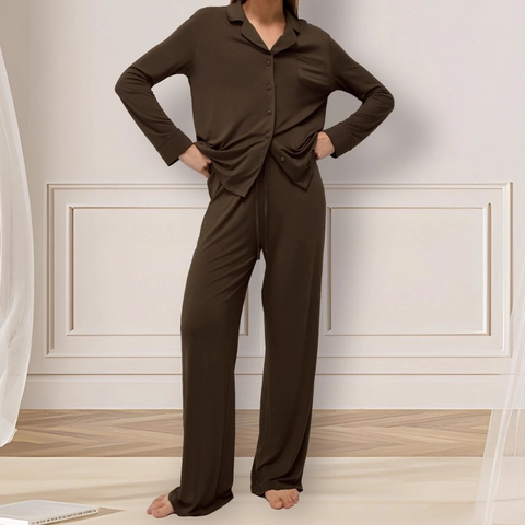 Women's Modal Pajama Set Long Sleeve Button Down Top And Pants Soft Breathable Loungewear Casual Sleepwear Nightwear For Women