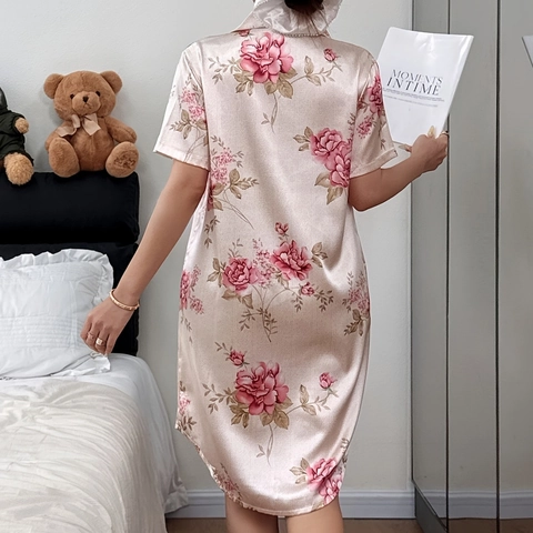 Camicia da Notte in Raso con Stampa Floreale da Donna Manica Corta Abbottonata Loungewear con Tasca per il Comfort Domestico