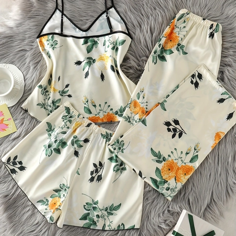 Pigiama da Donna in Raso con Stampa Floreale Top a Canotta Pantaloncini e Pantaloni Smanicato Scollo a V per l'Estate