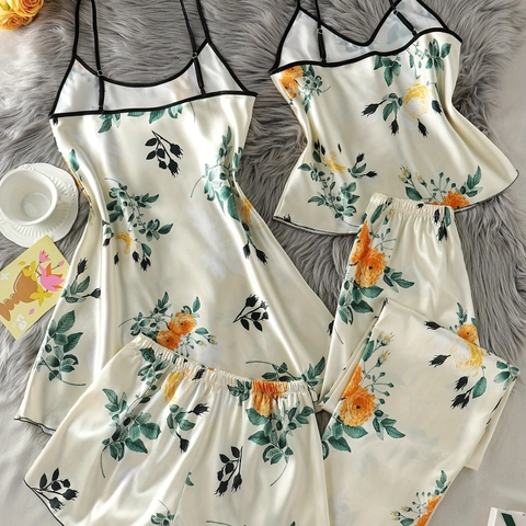 Women Satin Pajamas Set Floral Rose Print Camisole Top Nightgown Long Pants And Shorts Sleepwear Homewear Contrast Piping