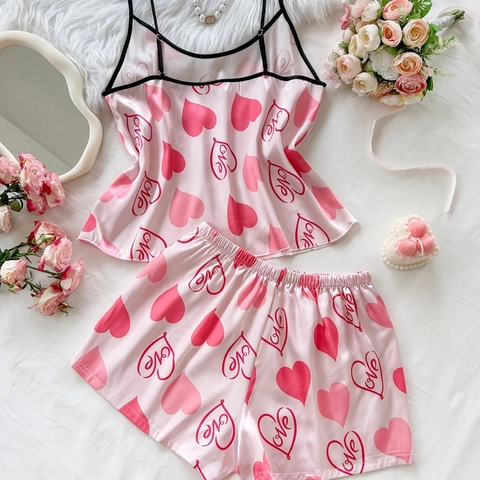 Set Pigiama da Donna in Raso Dolce Stampa a Cuore e Amore Canotta e Pantaloncini Abbigliamento da Casa con Spalline Regolabili