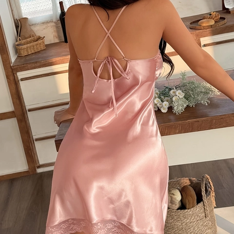 Women Sexy Satin Nightgown V Neck Lace Splicing Sleeveless Pajama Dress Backless Summer Homewear Sleepwear Slip Lingerie