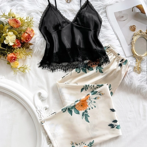 Set Pigiama Donna Sexy in Raso Con Top a Scollo a V in Pizzo e Pantaloni Lunghi Floreali Set a Due Pezzi Per Estate