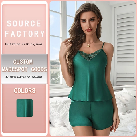 Women Satin Cami Pajama Set Emerald Green Lace Trim V Neck Sleepwear Loungewear Cami And Shorts Set