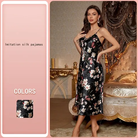 Nuisette de Luxe en Satin Floral pour Femmes Col en V Fines Bretelles Sans Manches Été Vêtement de Nuit Robe de Maison