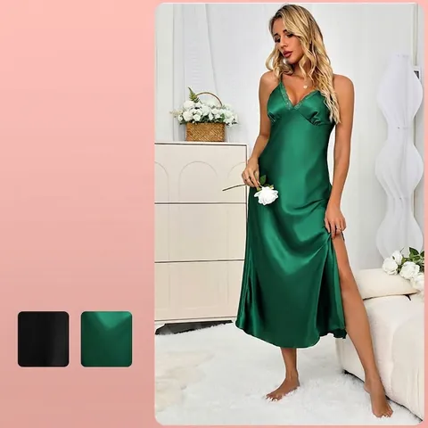 Women Sexy Satin Lace Nightgown V Neck Backless Maxi Sleepwear High Slit Slip Dress Solid Color Polyester Loungewear