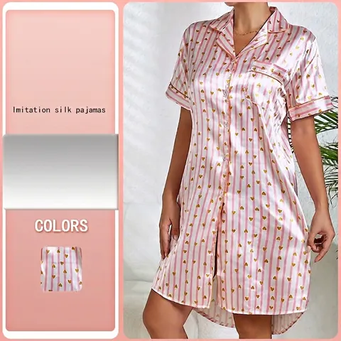 Camisón de Satén a Rayas con Estampado de Corazón para Mujer Cuello de Solapa Botonadura Camisón de Dormir Rosa