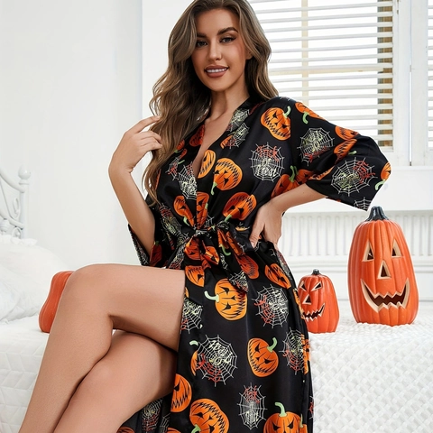Women Halloween Pumpkin Spider Web Print Satin Robe Long Sleeve V-Neck Sleepwear Kimono Bathrobe With Belt