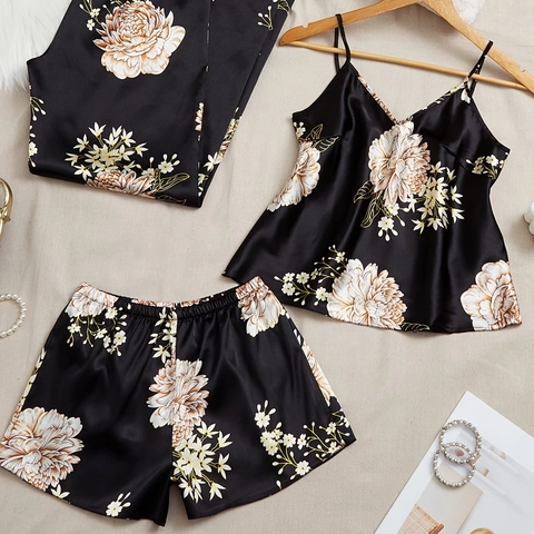 Women Elegant Floral Print Satin Pajamas Cami Top Shorts And Long Pants Breathable Soft Sleepwear Loungewear Home Set