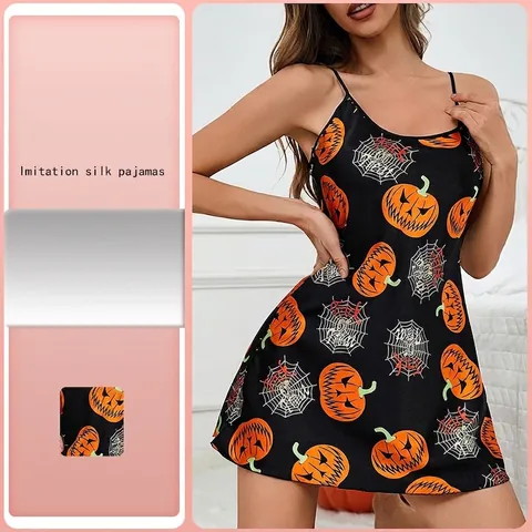 Women Halloween Pumpkin Spider Web Print Satin Slip Nightgown Sexy Sleeveless V-Neck Sleepwear Home Wear Dress For Festival