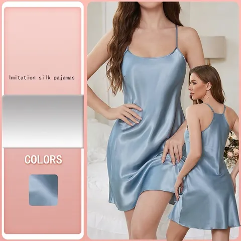 Women's Sexy Satin Nightgown With Lace V-Neck Backless Sleeveless Solid Color Summer Sleepwear Home Dress For Women