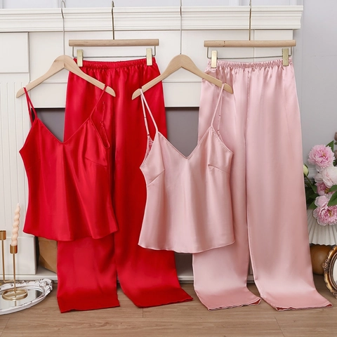 Ensemble Pyjama en Satin pour Femme Débardeur à Col en V en Dentelle Et Pantalon Long Vêtements de Nuit Confortables