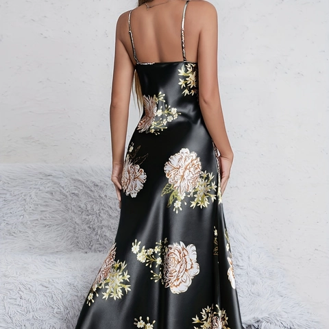 Women's Sexy Floral Print Satin Nightgown V Neck Spaghetti Strap Sleepwear Long Side Slit Chemise Nightdress Home Wear