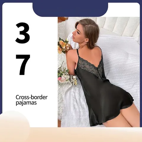 Women's Sexy Satin Nightgown Lace Patchwork Backless V-Neck Slip Dress Sleepwear Home Wear Nightie