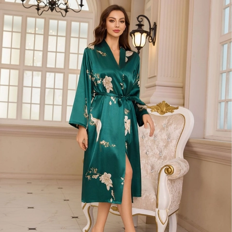 Women's Luxurious Satin Robe Floral Crane Print Long Sleeve Belted Bathrobe Breathable V Neck Sleepwear Nightgown For Home