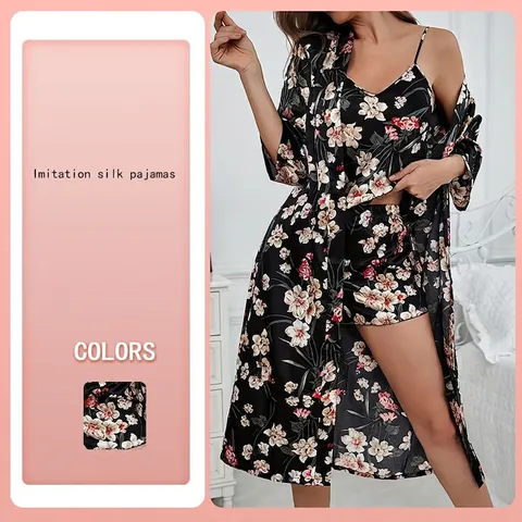 Bata de Satén con Estampado Floral con Camisola y Pantalones Cortos para Mujer Ropa de Dormir Kimono Ropa de Casa Verano