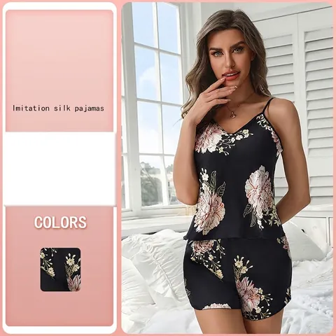 Set Pigiama da Donna in Raso a Fiori Neri Canotta e Pantaloncini Due Pezzi Abbigliamento da Notte per l'Estate Casual