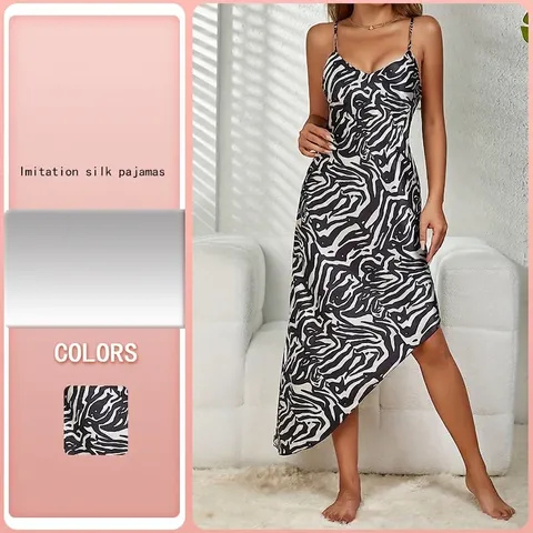 Camicia da Notte Sexy da Donna in Raso con Stampa Zebra Scollo a V Senza Maniche Orlo Asimmetrico Abito da Casa