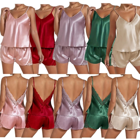 Mujer Sexy Top de Pijama de Satén Y Pantalones Cortos Dos Piezas Ropa de Dormir Encaje Cuello en V Camisola Floral Sólido