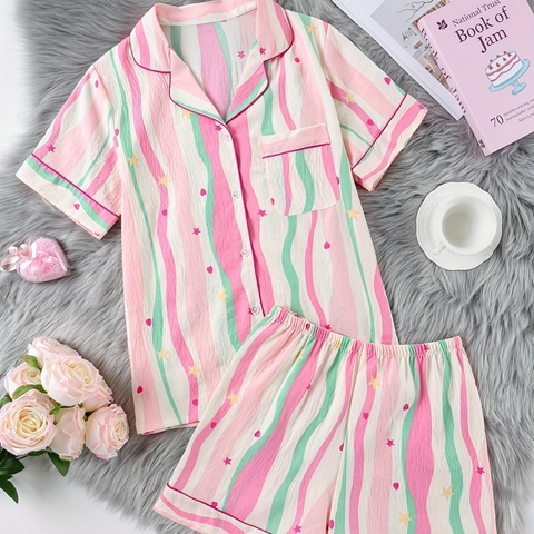 Dames Casual Golfstreep Loungewear Revers Knoopsluiting Korte Mouw Top En Shorts 100% Polyester Ademende Nachtkleding