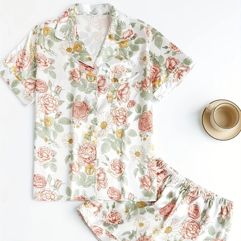 Women Floral Satin Pajama Set Vintage Rose Daisy Print Short Sleeve Button Top And Shorts Loungewear Nightwear
