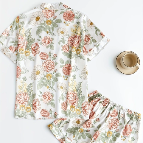 Women Floral Satin Pajama Set Vintage Rose Daisy Print Short Sleeve Button Top And Shorts Loungewear Nightwear
