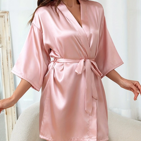 Women Satin Kimono Robe V-Neck Bathrobe With Waist Tie Solid Color Loose Loungewear Sleepwear For Bridesmaid Wedding Nightgown