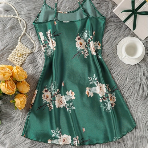 Camisón de Satén Sexy para Mujer con Estampado Floral de Mariposas Tirantes Finos Cuello en V Verde Oscuro Ropa de Dormir