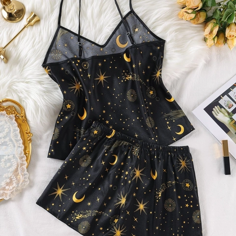 Pigiama da Donna in Raso con Stampa Luna e Stelle Celeste Canotta e Pantaloncini Intimo Notte Sexy Scollo a V Camicia da Notte