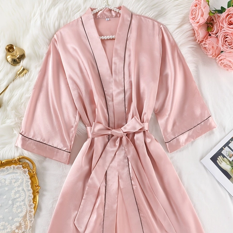Women Elegant Pink Satin Robe Long Sleeve Bathrobe Contrast Piping Belted V Neck Silk Like Kimono Homewear Nightgown